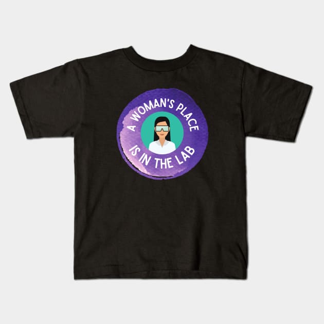 A Woman's Place is in the Lab | Woman in Goggles | Purple Kids T-Shirt by purple moth designs